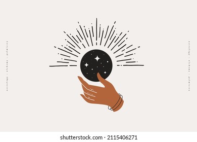 The woman's hand holds a shimmering moon. Magic vector illustration in trendy minimal style. Mystical symbols for spiritual practices, ethnic magic, and astrological rites.