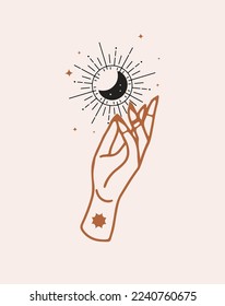 The woman's hand holds a shimmering moon. Magic vector illustration in trendy minimal style. Mystical symbols for spiritual practices, ethnic magic, and astrological rites.