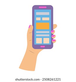 La mano de la mujer sostiene un teléfono inteligente con App en la pantalla. Suministros escolares. Ilustración vectorial.