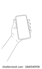 Woman's hand holds a smartphone. Vector stock illustration eps10. Outline.