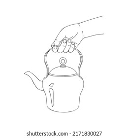 Woman's hand holds a teapot for brewing tea. Metal teapot close-up. Utensil for kitchen. Use for menu design in a restaurant, cafe, delivery service. Sketch, linear drawing in minimalist style