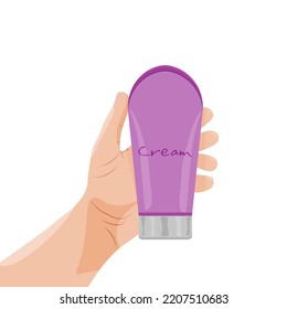 Woman's hand holds a tube of cream. Cream for hands, body, skin. Vector illustration Cosmetics