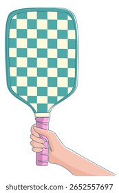 Woman's hand holds vertical colorful pickleball in racket. Elegant vector illustration of hand and paddle