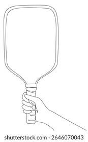 Woman's hand holds vertical pickleball racket. Elegant black and white vector illustration of hand and paddle. 