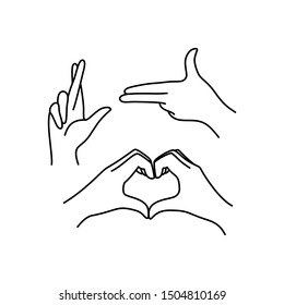 Woman's hand icon collection line. Vector Illustration of Elegant female hands of different gestures - symbol Gun, Lucky, heart. Lineart in a trendy minimalist style.