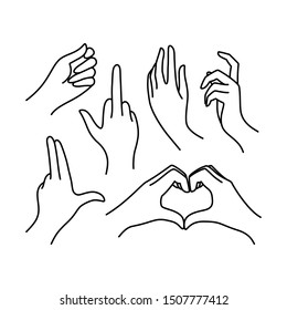 Woman's hand icon collection line. Vector Illustration of female hands of different gestures - symbol Gun, Fuck You, heart. Lineart in a trendy minimalist style.