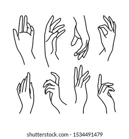Woman's hand icon collection line. Vector Illustration of Elegant female hands of different gestures. Lineart in a trendy minimalist style.