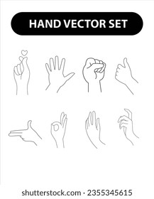 Línea de colección de iconos de la mano de la mujer. Ilustración vectorial de manos femeninas de diferentes gestos - símbolo Arma, Joder, corazón. Linear en un estilo moderno y minimalista.