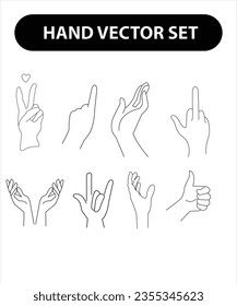 Línea de colección de iconos de la mano de la mujer. Ilustración vectorial de manos femeninas de diferentes gestos - símbolo Arma, Joder, corazón. Linear en un estilo moderno y minimalista.