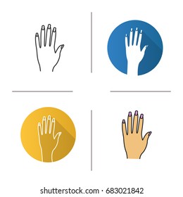 Woman's hand icon. Flat design, linear and color styles. Manicure. Isolated vector illustrations
