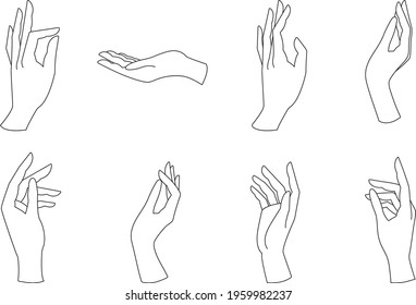 Woman's hand icon outline style. Elegant female hands of different gestures in a trendy minimal linear style. To create prints, logos and designs.