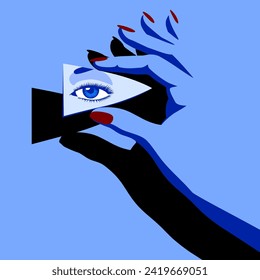 A woman's hand illuminated by contrasting blue light with a black shadow, holding in her fingers a fragment of a mirror with the reflection of an eye. Vector 
illustration in minimal art style