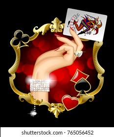 Woman's hand with jewelry holding Joker playing card in the gold vintage decorative frame with red lights and suit symbols. Casino game concept design. 
Vector illustration