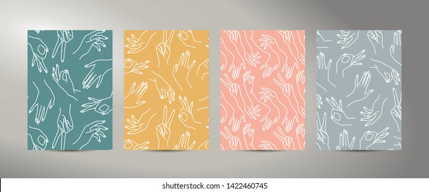 Woman's hand line Abstract mustard, pink, mint, blue Background. Vector texture of the of female hands of different gestures. Template A5 A4 A3 for wedding, invitations, banners, cards, business card