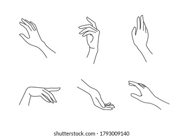 Woman's Hand In Line Art Style. Female Hands Different Gestures Vector Illustration