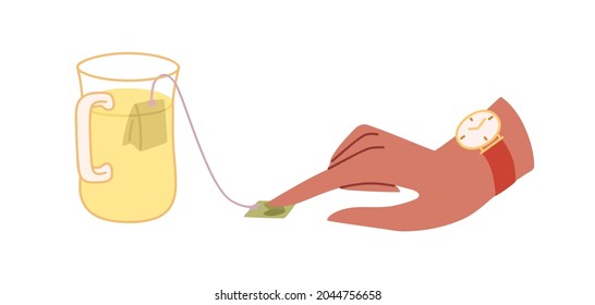 Womans hand making hot tea in cup, brewing it with teabag. Herbal beverage in glass mug. Warming morning teacup. Teatime concept. Flat vector illustration isolated on white background