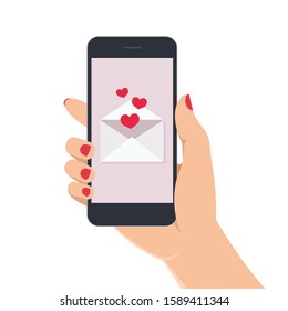 Woman's hand with manicure holding smartphone with love message on screen. Hand with mobile phone on white background. Vector illustration