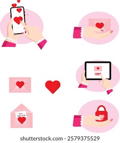 Woman's hand with manicure holding smartphone with love messages on screen, holding envelop and iPad with heat on it, open and close envelop with love massage in it. Vector illustration