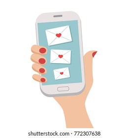 Woman's hand with manicure holding smartphone with love messages on screen. Vector illustration