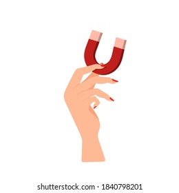 A woman's hand with a manicure holds a magnet. Vector illustration, flat cartoon color minimal design isolated on white background, eps 10.
