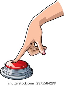 a woman's hand with a manicure presses a big red button