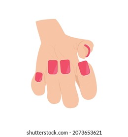 A woman's hand with a manicure. The shape of the nails is square. Red color. On a white background.