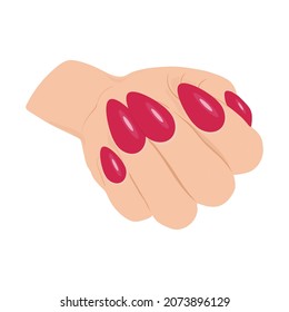 La mano de una mujer. Manicura. La forma de las uñas es almendra, roja. Sobre un fondo blanco.