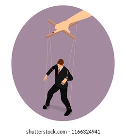 A woman's hand manipulates a man as a puppet. The man is a toy in the hands of the woman.