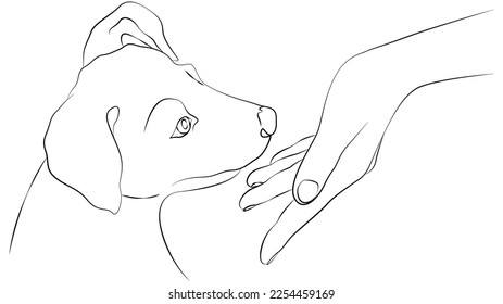 Mano y bozal de una mujer de un cachorro. Perro y humano. Amistad entre el cachorro y el dueño, dibujo de líneas. Tatuaje