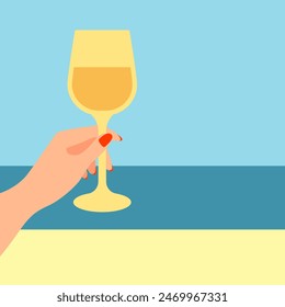 Eine mit rotem Nagellack lackierte Frauenhand hält ein Glas Weißwein auf der Strand-Hintergrund-Vektorillustration