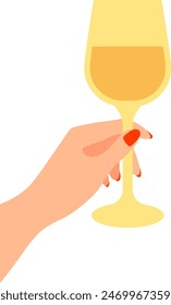 A woman's hand with nails painted with red nail polish holds a glass of white wine vector illustration.  Transparent background