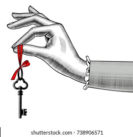 Woman's Hand With Old Key. Retro Style Unlock Sign And Icon. Vintage Engraving Stylized Drawing. Vector Illustration