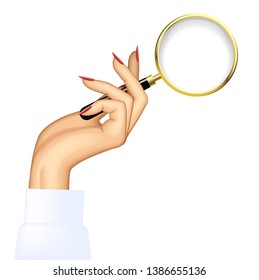 Woman's hand with an old magnifying glass. Vector illustration