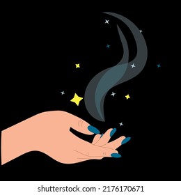 Woman's hand on black background. Witch casting a spell. Witchcraft flat illustration.