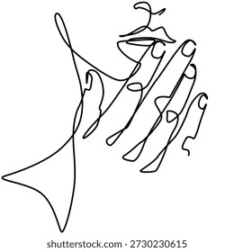La mano de la mujer en los labios de una línea de dibujo. Mano de mujer en los labios ilustración de una sola línea. La mano de la mujer en los labios arte de línea minimalista. La mano de la mujer en los labios Arte vectorial