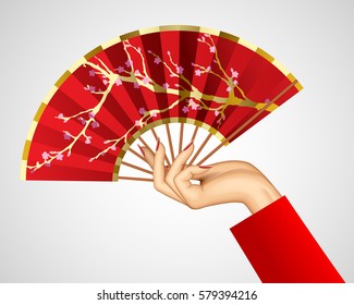 Woman's hand with open chinese red fan isolated on white. Vector illustration