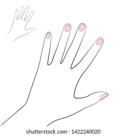 Woman's hand with painted nails one line drawing on white isolated background for store, banner and business card. Linear art. Vector illustration