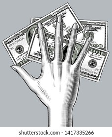 Woman's hand palm down cover a 100 dollars banknotes. Vintage color stylized drawing. Vector illustration