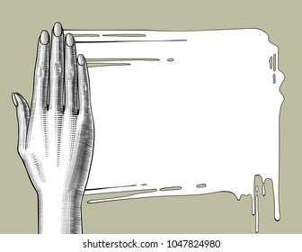 Woman's hand palm down smearing white paint. Vintage engraving stylized drawing. Vector illustration