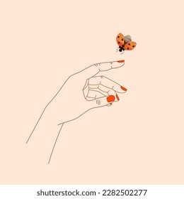 Woman's hand palm with red painted fingernails, with index finger extended forward, holds ladybird. Manicure and hand skin care concept. Vector illustration with textures in cartoon style. 