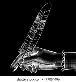 Woman's hand with a pen. Vintage stylized negative drawing. Vector illustration