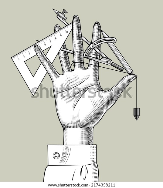 Woman\'s hand with pencil, divider, ruler for design job\
between fingers. Vintage engraving stylized drawing. Vector\
illustration 