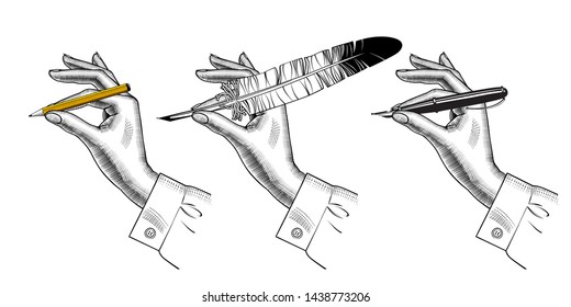 Woman's hand with a pencil, a feather pen, a pen. Retro design element. Vintage engraving stylized drawing. Vector illustration