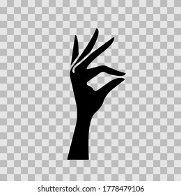 A Woman's Hand Pinches Something. Gesture, Pinching With Two Fingers. Vector Illustration, Flat Design, Black Silhouette Isolated On White Background, Eps 10.