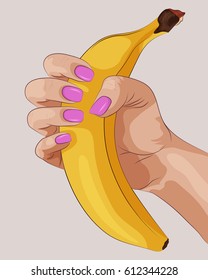 Woman's hand with pink fingernails holds a banana. Vector illustration