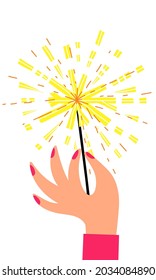 A woman's hand with pink nails design and rings holding a burning Bengal light, firework sparkler. Happy New Year greeting card, banner design. Cartoon style hand-drawn vector illustration.