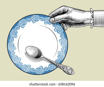 Woman's hand with plate and spoon. Vintage stylized drawing. Vector illustration