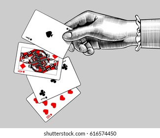 Woman's hand with playing cards fan. Vintage engraving stylized drawing. Vector illustration 