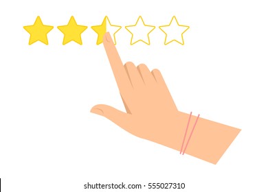 Woman's Hand Is Pointing At One Of Five Stars. Feedback, Evaluation And Rating Flat Concept Illustration. Vector Infographic Element For Web Design, Presentations And Social Networks. 