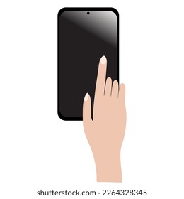 A woman's hand points to a blank smartphone screen where you can add a vector illustration. Clipart